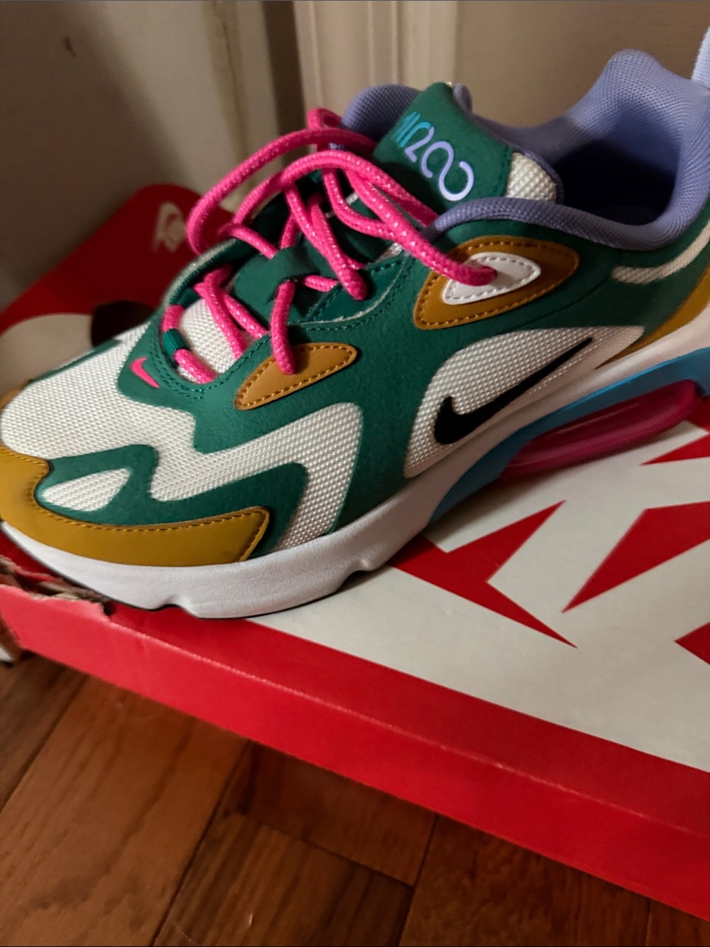 Nike Kids Green White Multi-Color Sneakers with Pink Laces